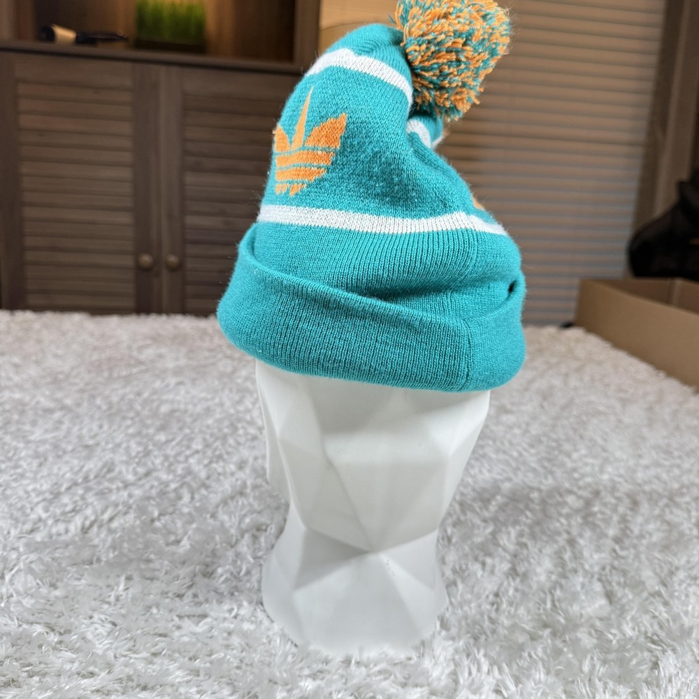 Adidas Originals Hat Beanie Pom Ski Teal Orange Knit Trefoil Winter Outdoors Y2K - Picture 6 of 9